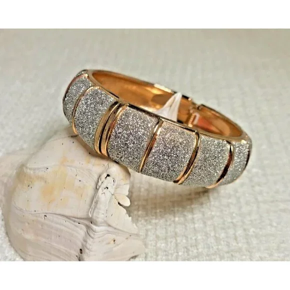 Gold Tone Hinged Bracelet with Pave Crystals -Glitzy Blingy Sparkly - 1/2" Wide - Picture 4 of 6